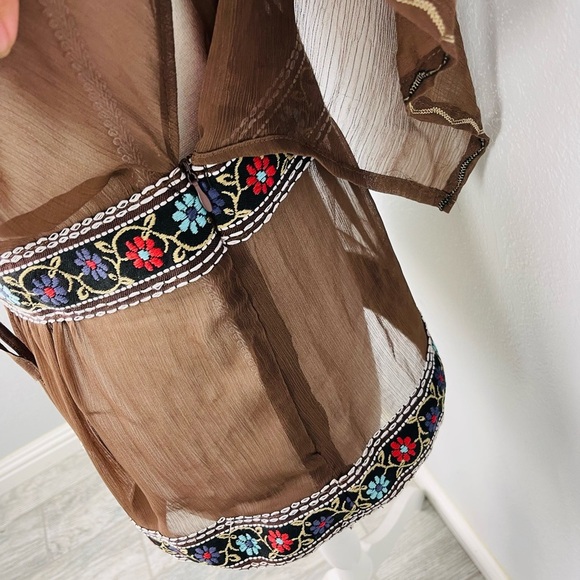 Uno Core Brown Sheer Embroidered Y2K Peplum Top - Picture 9 of 9